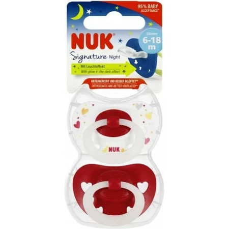 Пустышка Nuk Signature силиконовая ортодонтическая с красным/белым чехлом для 6-18 месяцев 2шт: цены и характеристики