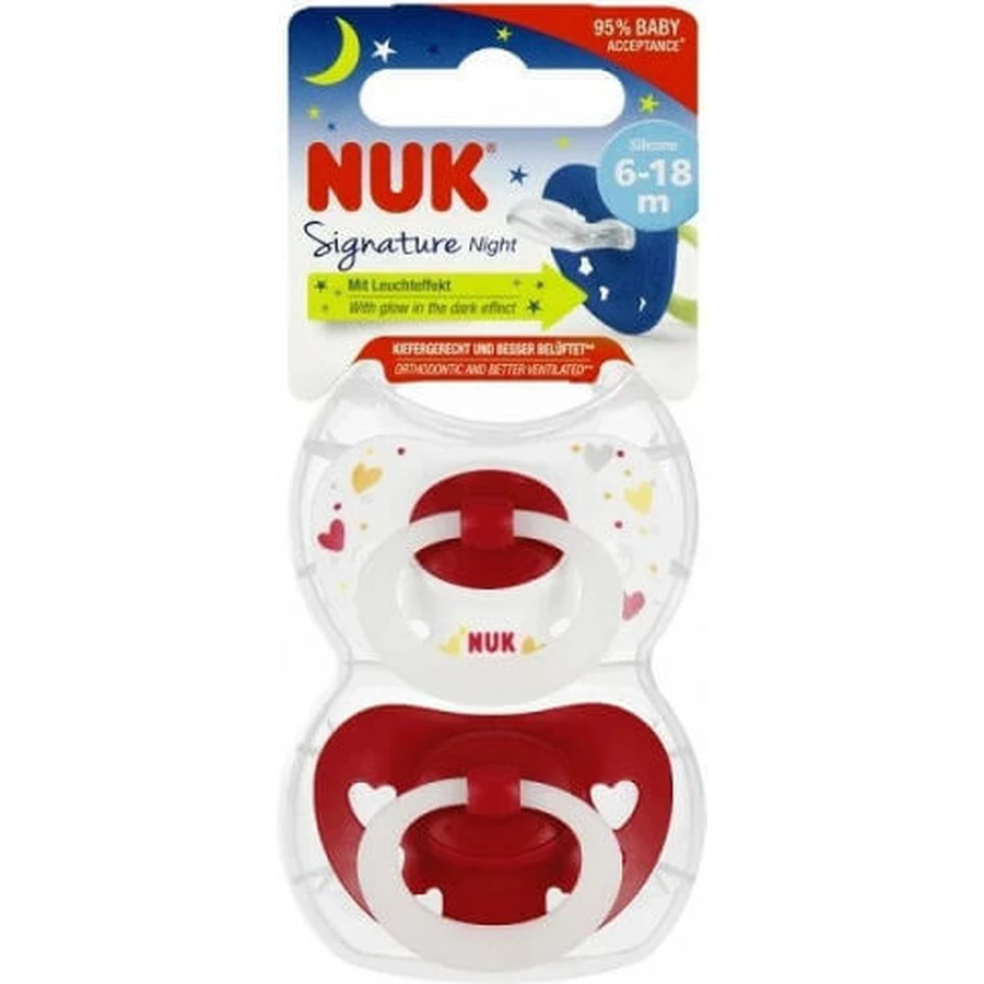 Пустышка Nuk Signature силиконовая ортодонтическая с красным/белым чехлом для 6-18 месяцев 2шт: цены и характеристики