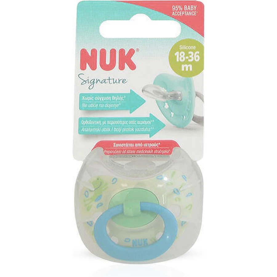 Nuk Signature Силиконовая ортодонтическая пустышка Лягушка - зелено-голубая для 18-36 месяцев: цены и характеристики