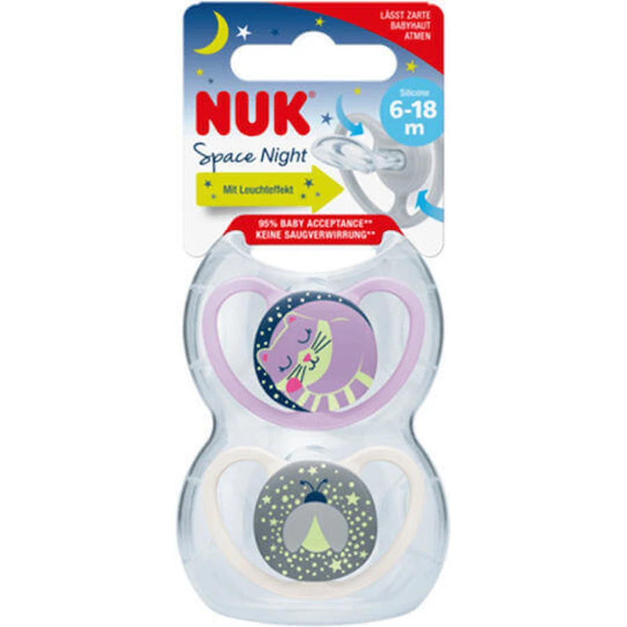 Nuk Space Night Пустышка силиконовая ортодонтическая с чехлом для 6-18 месяцев 2шт: цены и характеристики