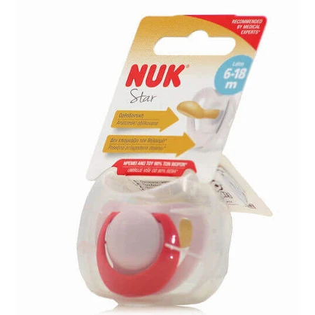 Пустышка Nuk Star резиновая с крышкой розовая/красная для 6-18 месяцев: цены и характеристики