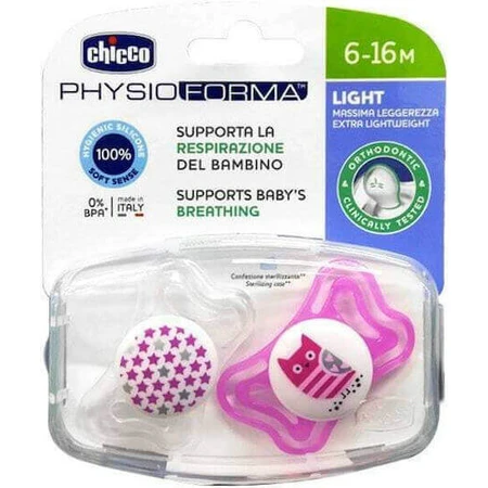 Силіконова ортодонтична соска-пустушка Chicco Physio Light з мішечком Сова/Зірки - рожево-червона для 6-16 місяців: ціни та характеристики