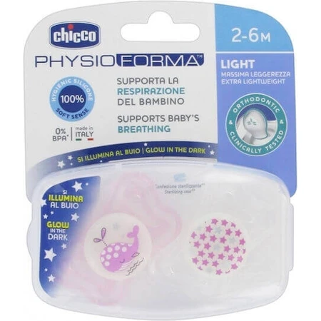 Chicco Ортодонтическая силиконовая пустышка с чехлом "Кит" - розовый-альб для 2-6 месяцев 2шт: цены и характеристики