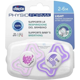 Chicco 71031-11 Силіконова ортодонтична пустушка з мішечком Пташки - рожева/фіолетова для 2-6 місяців 2шт