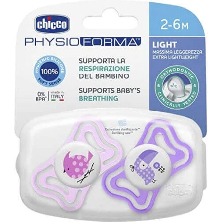 Chicco 71031-11 Силіконова ортодонтична пустушка з мішечком Пташки - рожева/фіолетова для 2-6 місяців 2шт: ціни та характеристики