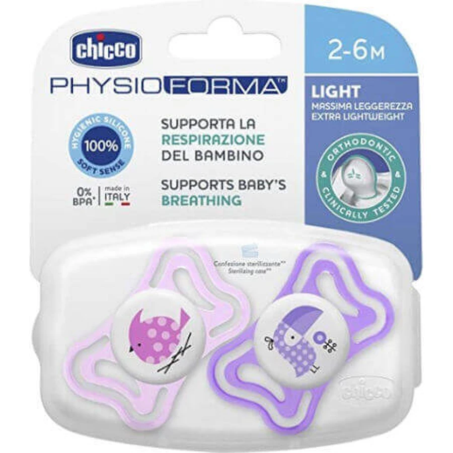 Chicco 71031-11 Силіконова ортодонтична пустушка з мішечком Пташки - рожева/фіолетова для 2-6 місяців 2шт: ціни та характеристики