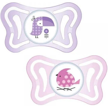 Chicco 71031-11 Силіконова ортодонтична пустушка з мішечком Пташки - рожева/фіолетова для 2-6 місяців 2шт: ціни та характеристики