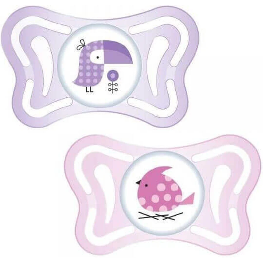 Chicco 71031-11 Силіконова ортодонтична пустушка з мішечком Пташки - рожева/фіолетова для 2-6 місяців 2шт: ціни та характеристики