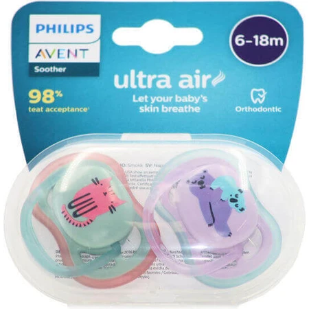 Силіконова ортодонтична пустушка Philips Ultra Air з чохлом 6-18 місяців 2шт: ціни та характеристики