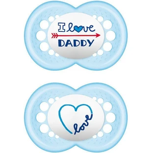 Mam Силиконовая ортодонтическая пустышка I Love Daddy - светло-голубая для 6-16 месяцев 2шт