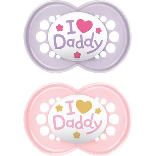 Mum Original I Love Daddy Силиконовые ортодонтические пустышки с мешочком - фиолетовый/розовый для 6-16 месяцев 2шт