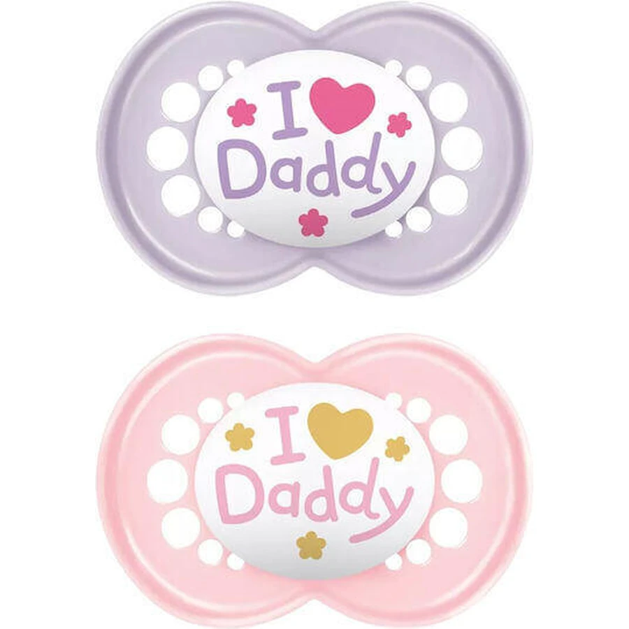 Mum Original I Love Daddy Силиконовые ортодонтические пустышки с мешочком - фиолетовый/розовый для 6-16 месяцев 2шт: цены и характеристики