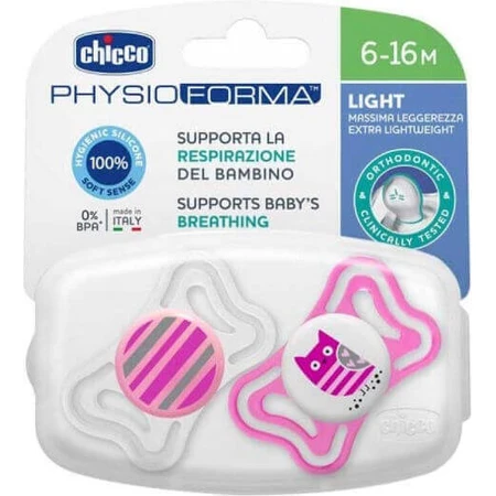 Chicco Physio Forma Light Силиконовые ортодонтические пустышки с мешочком Сова/Линии - розовый/белый для 6-16 месяцев 2шт: цены и характеристики