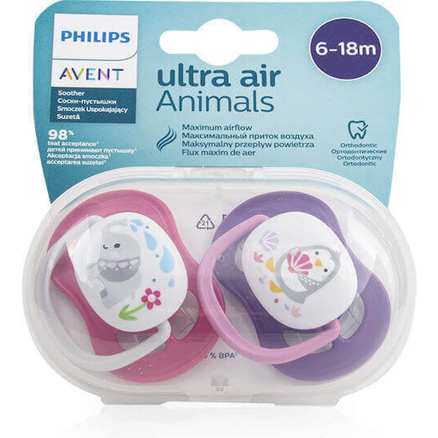Philips Ultra Air Силиконовые ортодонтические пустышки с мешочком Слоненок - Пингвин - Розовый-Мов для 6-18 месяцев 2шт: цены и характеристики