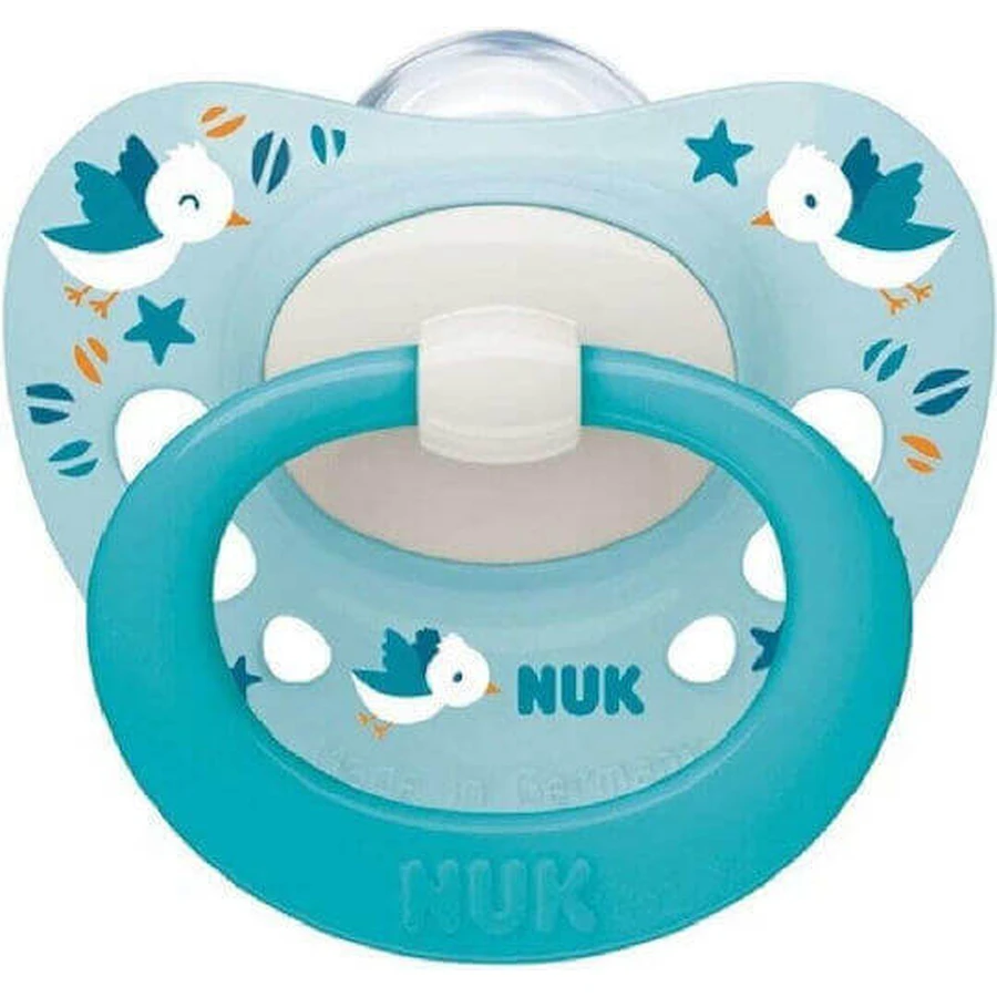 Nuk Signature Силиконовая ортодонтическая пустышка с мешочком Птички - бирюзовый для 0-6 месяцев: цены и характеристики