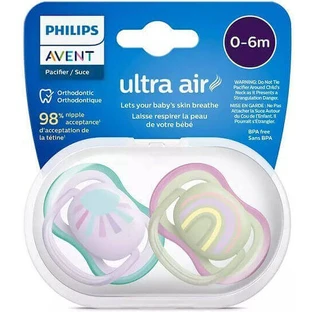 Силиконовая пустышка Philips Ultra Air Солнце/радуга - сиреневый/зеленый для 0-6 месяцев