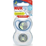 Nuk Space Night Пустышка силиконовая ортодонтическая с крышкой Кот/Пчела - синий/белый для 6-18 месяцев 2шт