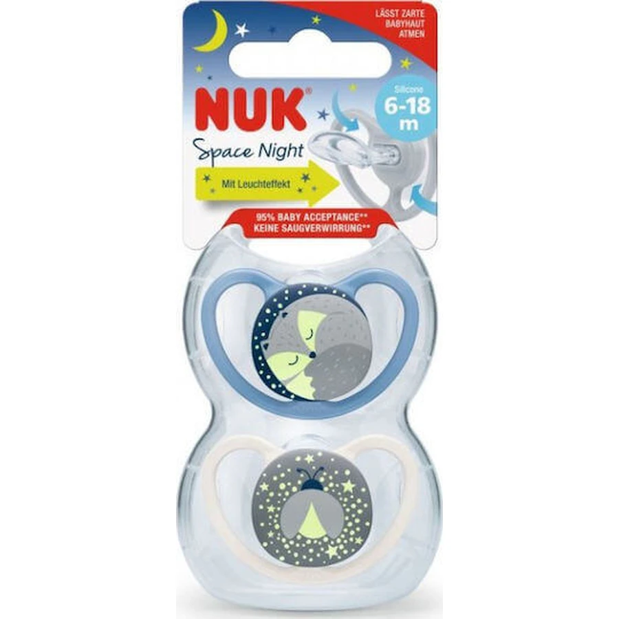 Nuk Space Night Силіконові ортодонтичні пустушки Пустушка з кришкою Кішка / Бджола - синя / біла для 6-18 місяців 2шт: ціни та характеристики