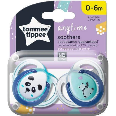 Tommee Tippee Anytime Силиконовые ортодонтические пустышки Панда - Аква для 0-6 месяцев 2шт: цены и характеристики