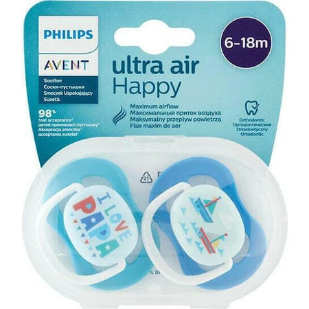Philips Ultra Air Силиконовая ортодонтическая пустышка с мешочком I Love Papa - голубая для 6-18 месяцев 2шт: цены и характеристики