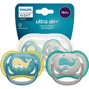 Пустушка Philips Ultra Air гумова з чохлом сіра/блакитний кит для дітей від 18 місяців 2шт