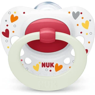 Nuk Signature Ортодонтична силіконова пустушка з кришкою Сердечка - Біла - Червона для 18-36 місяців
