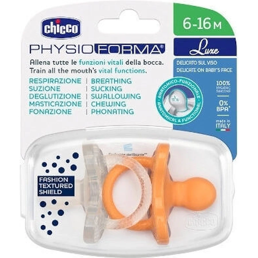 Прозорі силіконові пустушки Chicco Soft Luxe помаранчеві 6-16 місяців 2 шт.: ціни та характеристики