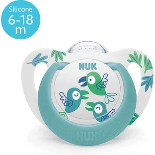 Nuk Star Ортодонтична силіконова пустушка Nuk Star Orthodontic Papagal - зелена для 6-18 місяців