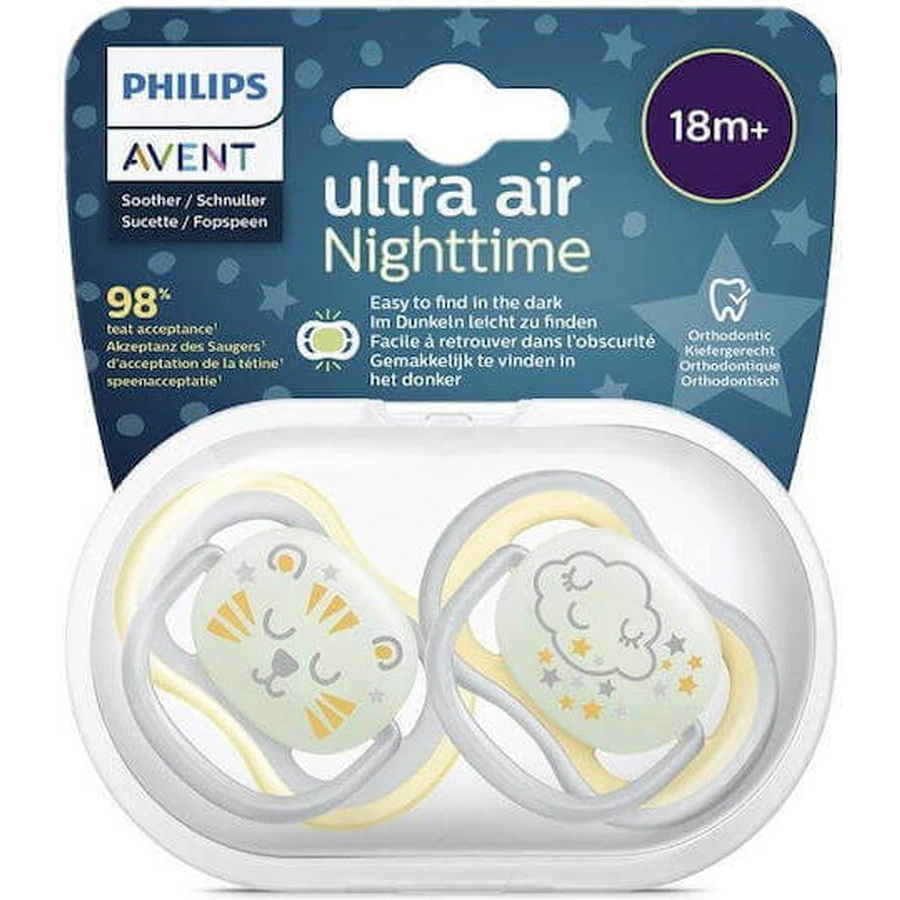 Силиконовая пустышка Philips Ultra Air Тигренок желтый/облако для 18+ месяцев 2шт: цены и характеристики