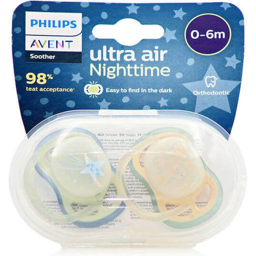 Philips Ultra Air Ортодонтическая силиконовая пустышка Ultra Air Pacifier - голубая / зеленая для 0-6 месяцев 2шт: цены и характеристики