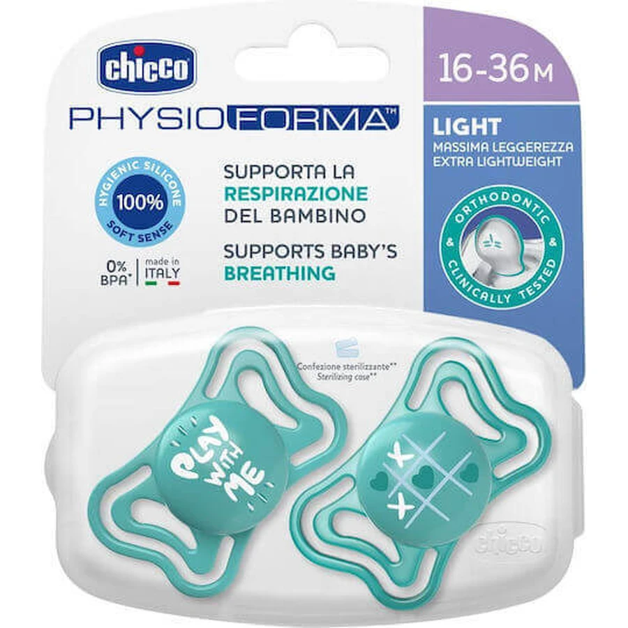 Силіконові пустушки Chicco Light Physioforma Пограй зі мною / X і 0 - бірюзові для 16-36 місяців 2шт 2шт: ціни та характеристики