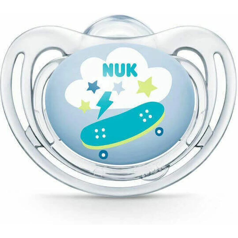 Nuk Freestyle Силиконовая ортодонтическая пустышка с чехлом для скейтборда - прозрачная для 6-18 месяцев: цены и характеристики