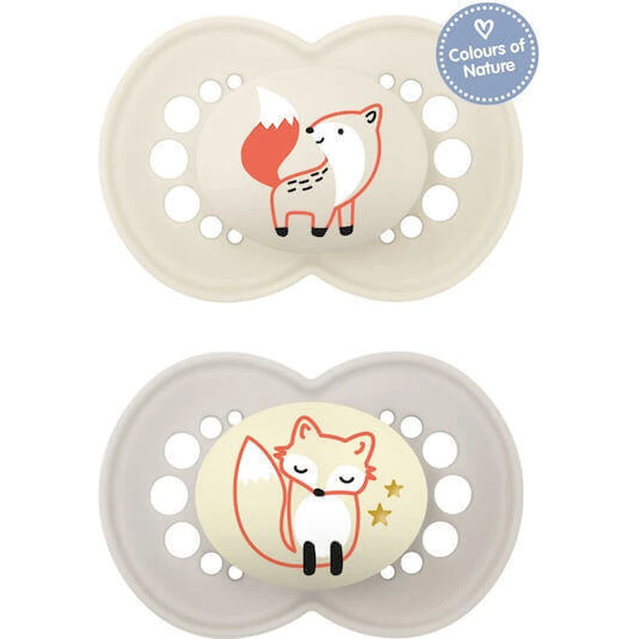 Mam Day & Night 174S Силиконовые ортодонтические пустышки Fox Pacifier - крем / серый для 6-16 месяцев 2шт: цены и характеристики