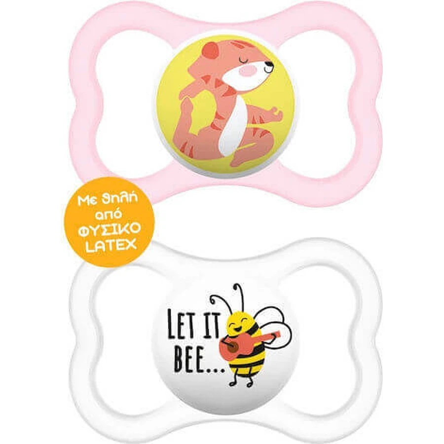 Mam Air 216L Гумова ортодонтична пустушка з чохлом Tiger - Little Bee - Pink - White для 6-16 місяців 2шт: ціни та характеристики