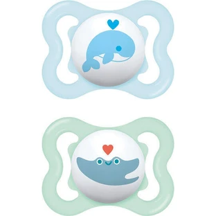 Mam Little Whale Пустышка силиконовая ортодонтическая - голубой-виридиан для 2-6 месяцев 2шт