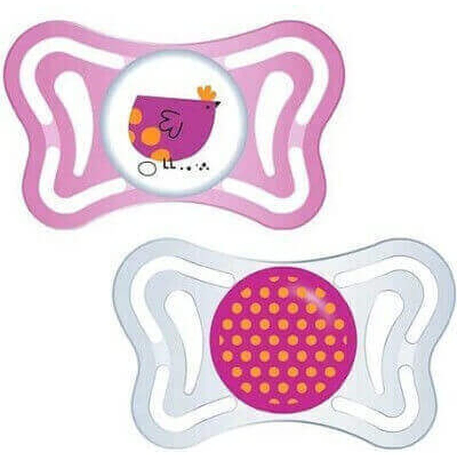 Chicco 71035-11 Chicco 71035-11 Силиконовая пустышка Цыпленок/Бульон - розовый-альбом для 16-36 месяцев 2шт: цены и характеристики
