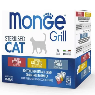 Monge Grill Sterilised Cat Multipack Cockerel&Trout&Veal Набор паучей с петухом, форелью, телятиной для стерилизованных котов, 12х85 г