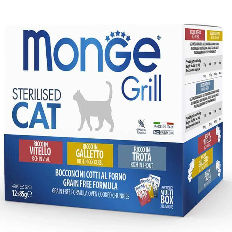 Monge Grill Sterilised Cat Multipack Cockerel&Trout&Veal Набор паучей с петухом, форелью, телятиной для стерилизованных котов, 12х85 г: цены и характеристики