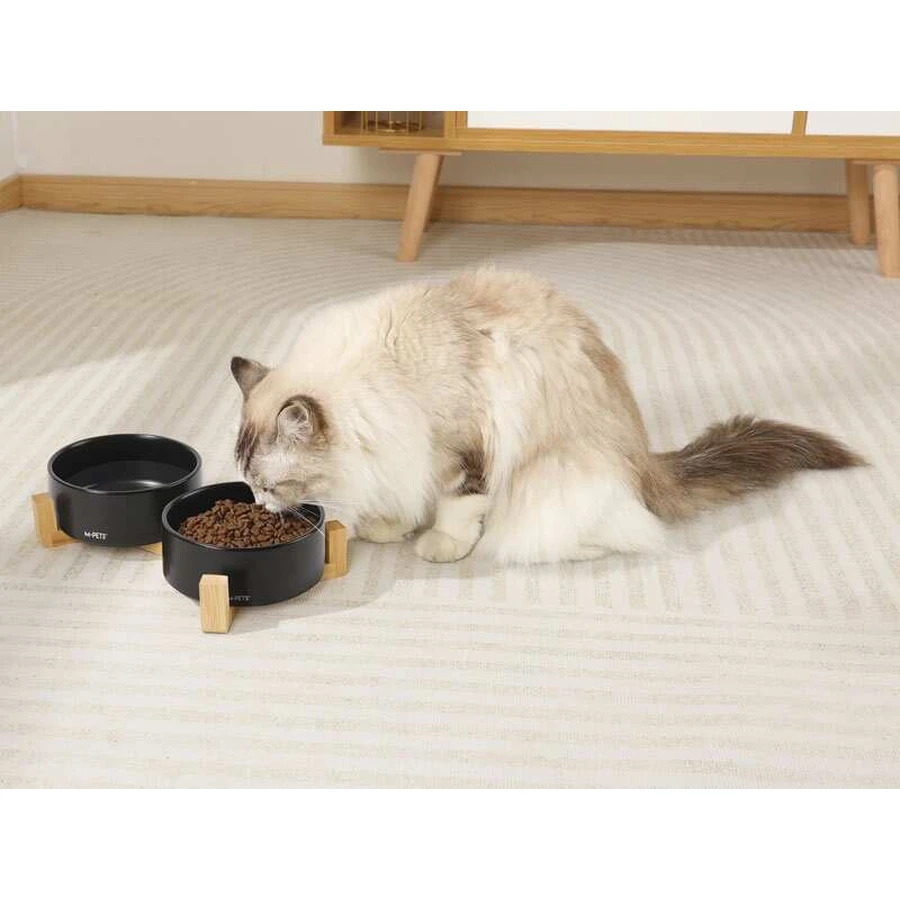 M-Pets Opera Миска керамическая на бамбуковой подставке для кошек и собак, 2х350 мл (Черный): цены и характеристики
