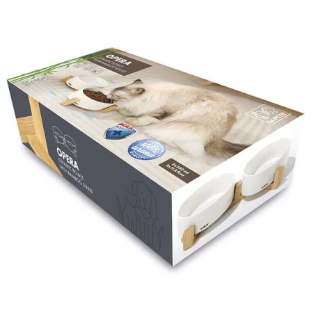 M-Pets Opera Миска керамическая на бамбуковой подставке для кошек и собак, 2х350 мл (Белый): цены и характеристики
