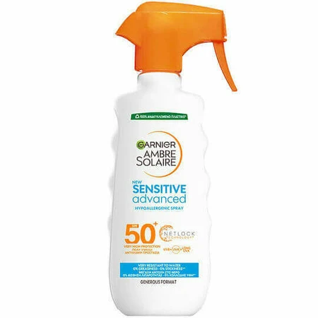 Garnier Ambre Solaire Sensitive Покращений водостійкий сонцезахисний лосьйон для тіла SPF50 у спреї 300 мл: ціни та характеристики