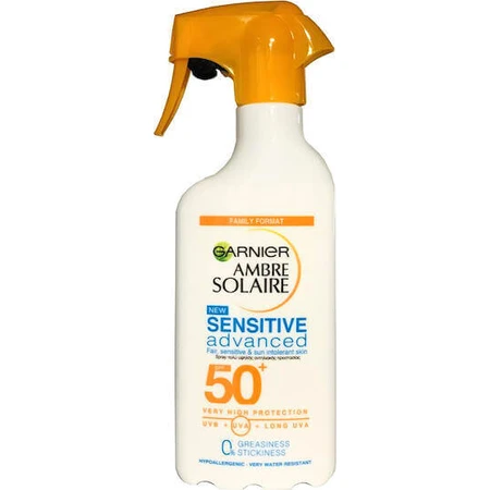 Garnier Ambre Solaire Sensitive Покращений водостійкий сонцезахисний лосьйон для тіла SPF50 у спреї 300 мл: ціни та характеристики