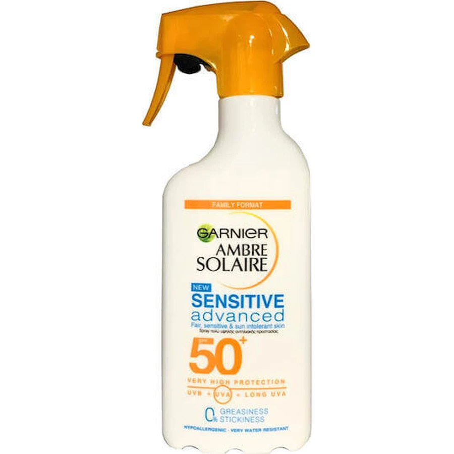 Garnier Ambre Solaire Sensitive Покращений водостійкий сонцезахисний лосьйон для тіла SPF50 у спреї 300 мл: ціни та характеристики