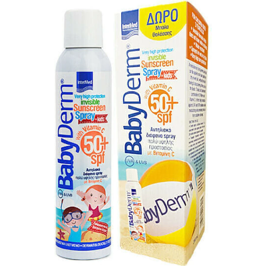 InterMed Babyderm Водостойкий детский солнцезащитный крем-спрей SPF50 200 мл и бесплатный пляжный мяч: цены и характеристики