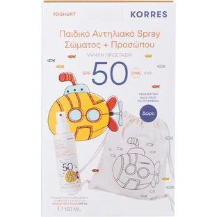 Korres Йогурт для детей Йогурт для детей Комфорт Водонепроницаемый детский солнцезащитный крем-спрей для лица и тела SPF50 150 мл и бесплатная холщовая сумка для рисования