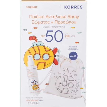 Korres Йогурт для детей Йогурт для детей Комфорт Водонепроницаемый детский солнцезащитный крем-спрей для лица и тела SPF50 150 мл и бесплатная холщовая сумка для рисования: цены и характеристики