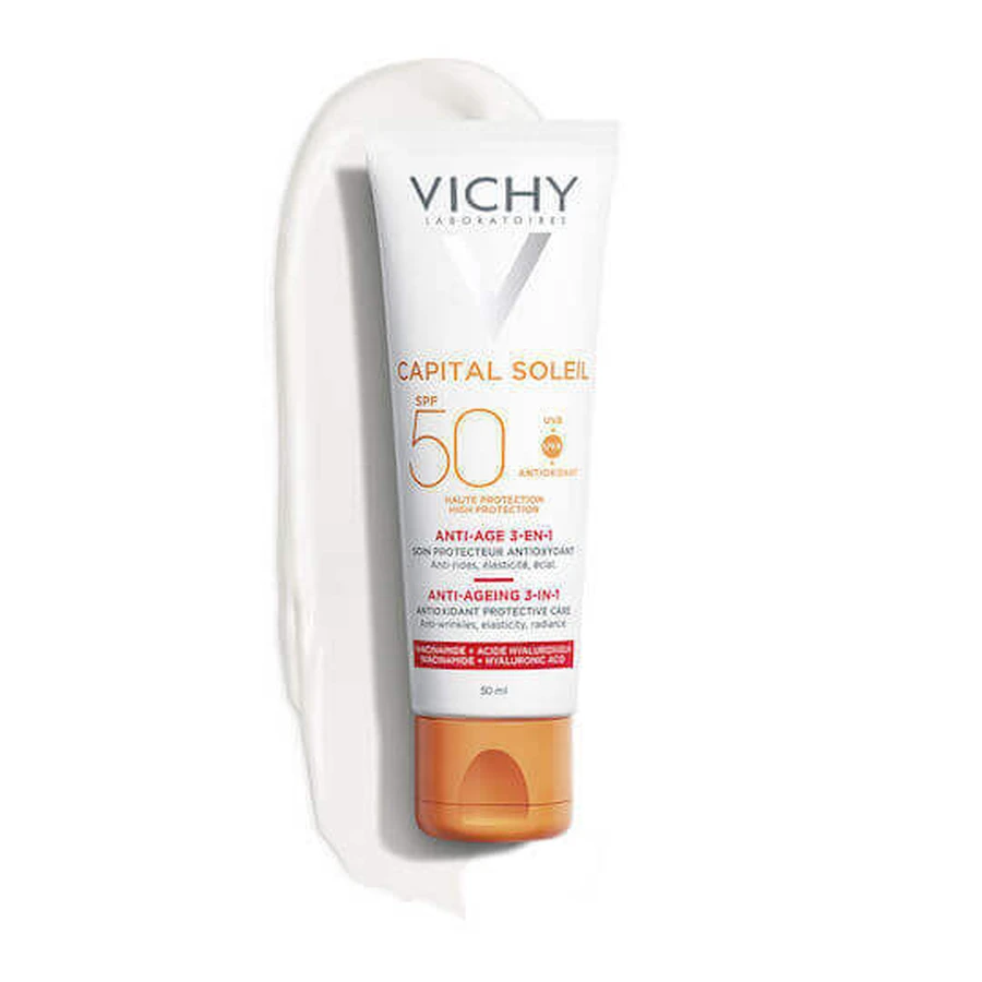 Vichy Capital Soleil Антивіковий крем для обличчя 3 в 1 з водостійким сонцезахисним фільтром SPF50 50 мл 50 мл: ціни та характеристики