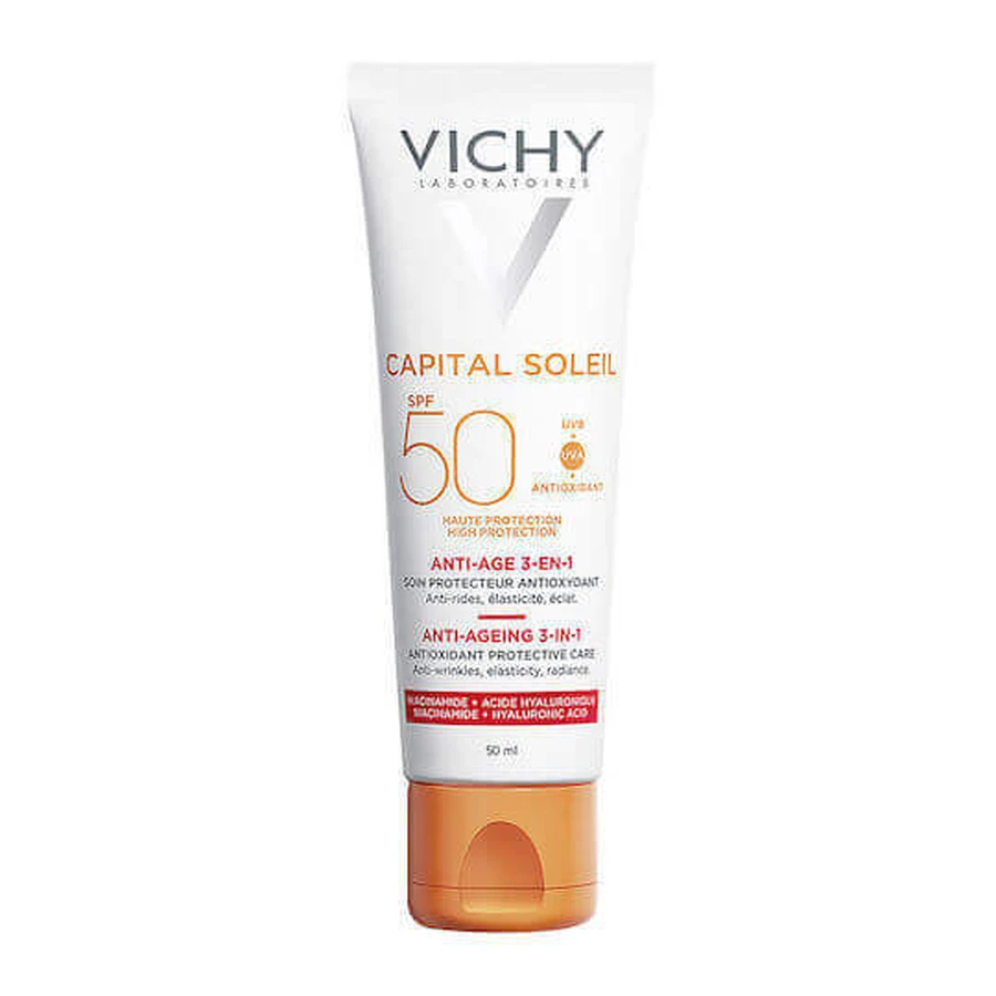 Vichy Capital Soleil Антивіковий крем для обличчя 3 в 1 з водостійким сонцезахисним фільтром SPF50 50 мл 50 мл: ціни та характеристики