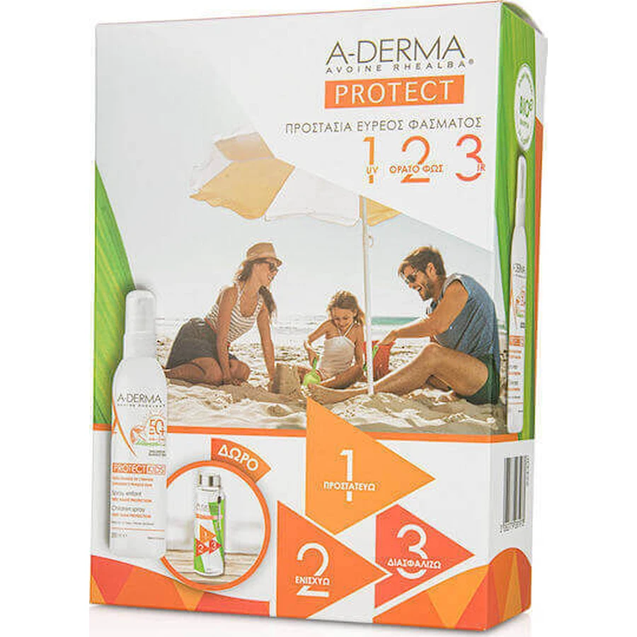 A-Derma Protect Kids Водостойкий детский солнцезащитный крем-спрей SPF50 200 мл и подарочный буфет: цены и характеристики