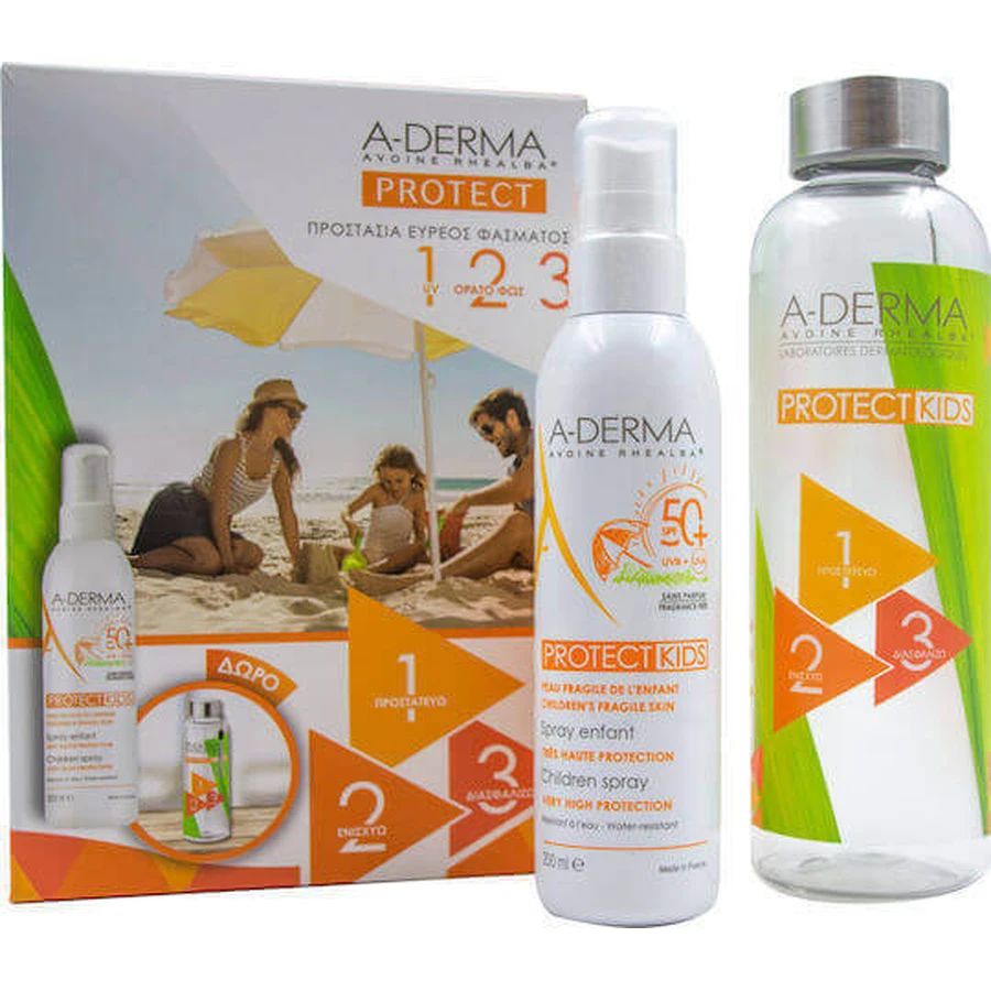 A-Derma Protect Kids Водостойкий детский солнцезащитный крем-спрей SPF50 200 мл и подарочный буфет: цены и характеристики